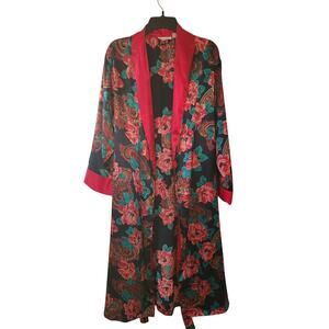 Vtg Victoria Secret's Gold Label Robe Floral Satin Black Red Women's Sz P/S